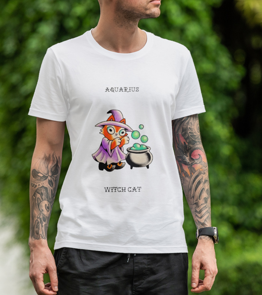 Aquarius Witch Cat Zodiac Astrology Magic Cauldron T-Shirt