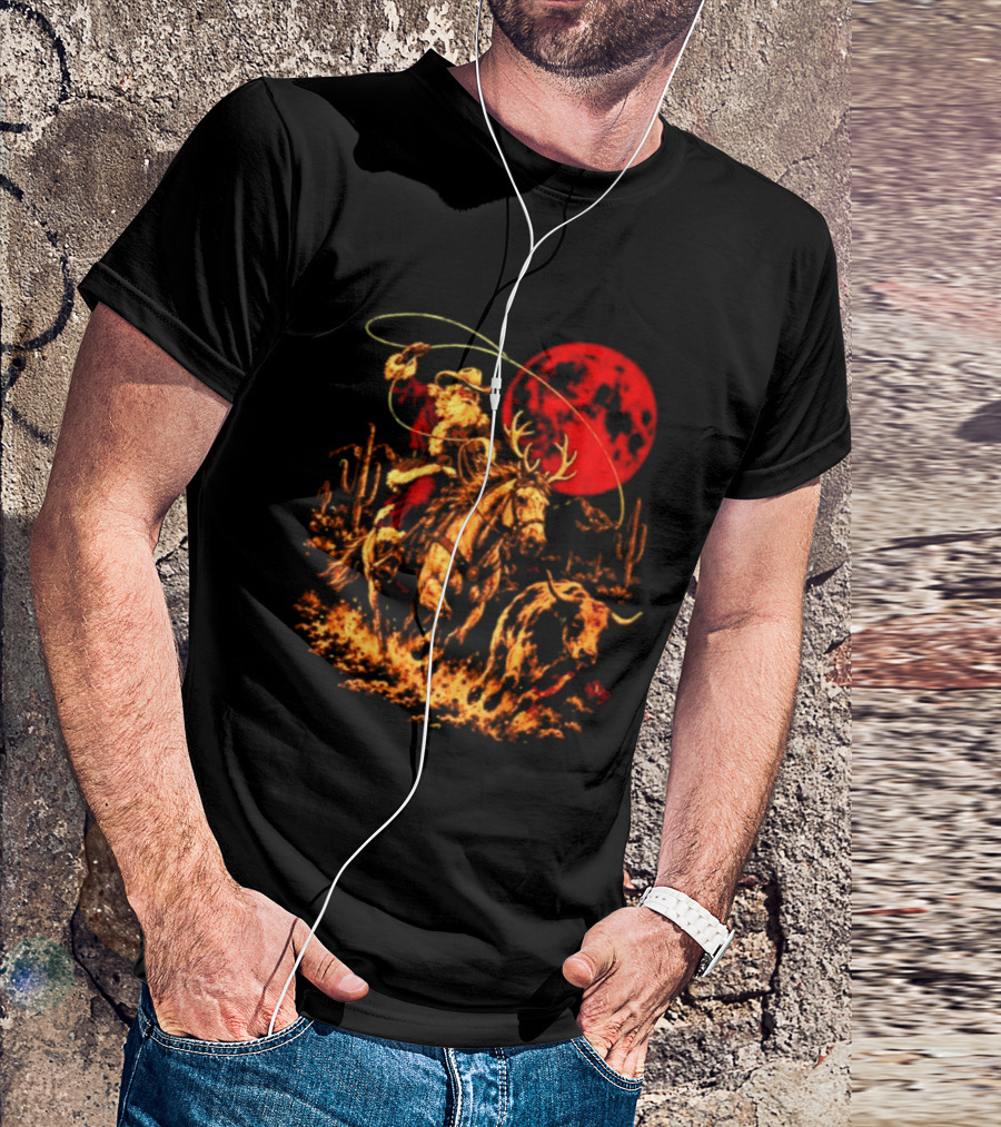 Cowboy Santa Christmas 2026 Holiday Western Rodeo Reindeer Cactus Desert Scene T-Shirt