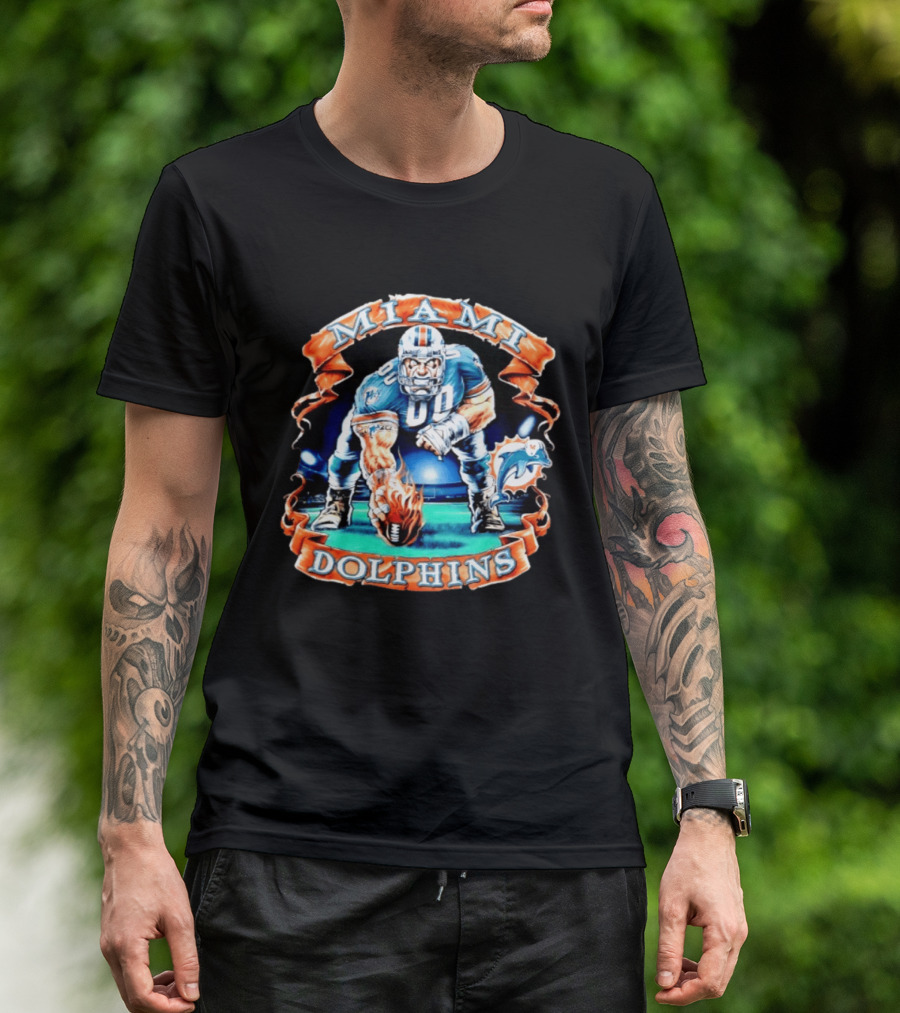 Miami Dolphins Big Man On Football Field With Flame Ball T-Shirt