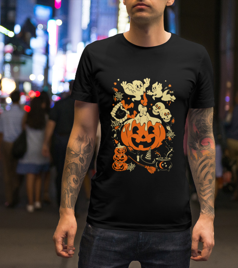 Halloween Pumpkin Ghost Skull Witch Hat Cauldron Spooky Bat T-Shirt