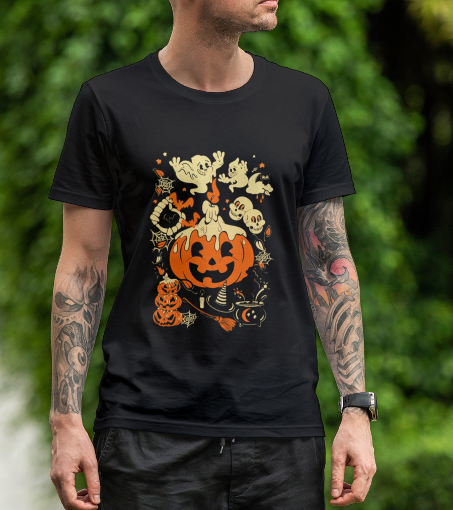 Halloween Pumpkin Ghost Skull Witch Hat Cauldron Spooky Bat T-Shirt