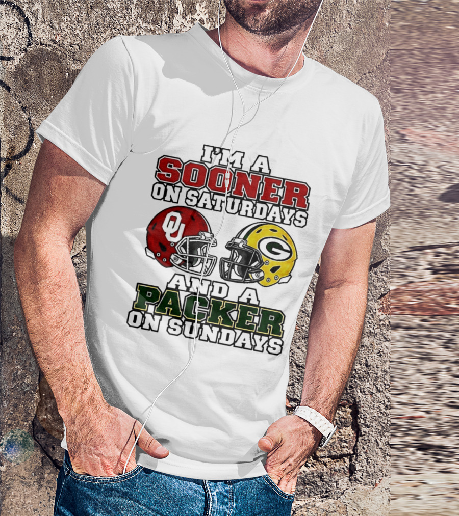 I'm A Sooner On Saturdays And A Packer On Sundays OU Green Bay Helmets 2026 T-Shirt