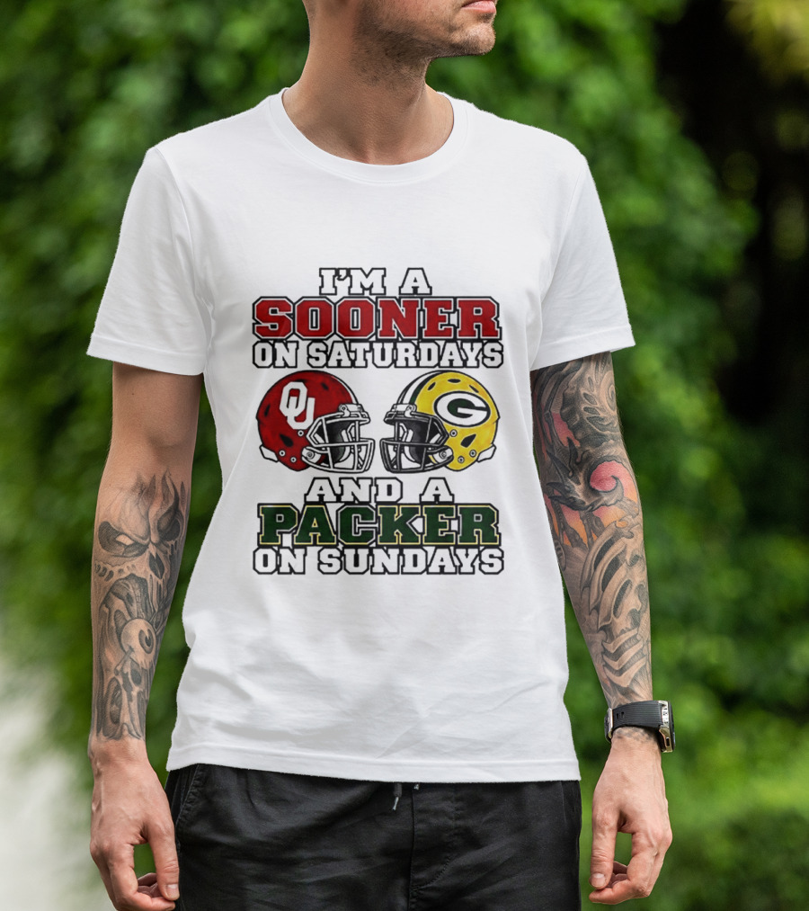 I'm A Sooner On Saturdays And A Packer On Sundays OU Green Bay Helmets 2026 T-Shirt