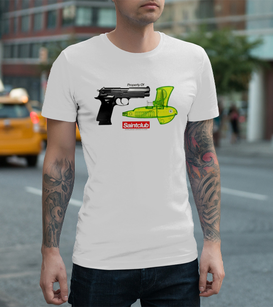 Pistol Property Saintclub Worldwide Service 2026 Black And Green Water Guns T-Shirt