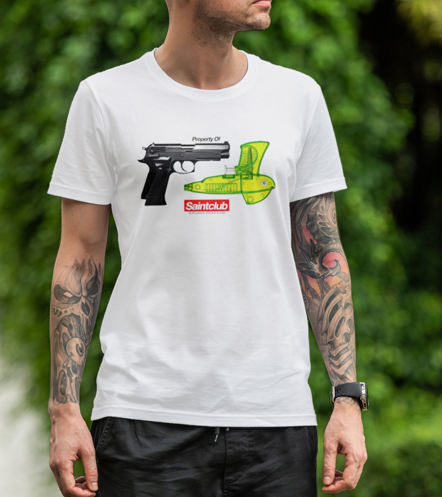 Pistol Property Saintclub Worldwide Service 2026 Black And Green Water Guns T-Shirt