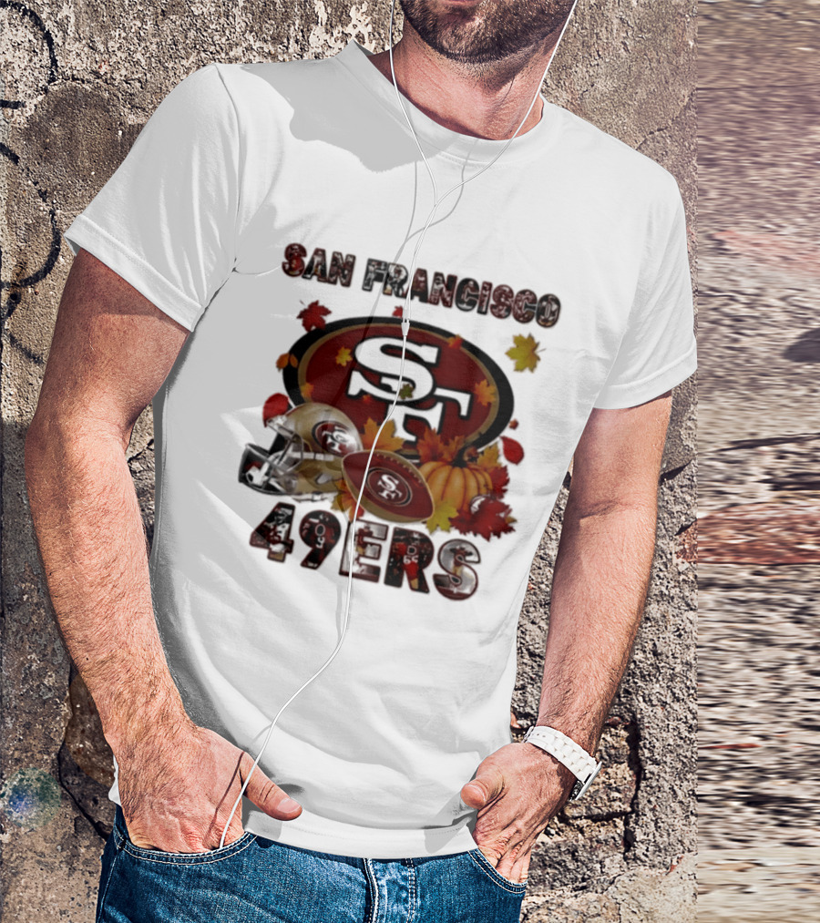 San Francisco 49ers Autumn 2026 Football Helmet And Pumpkin Leaves T-Shirt