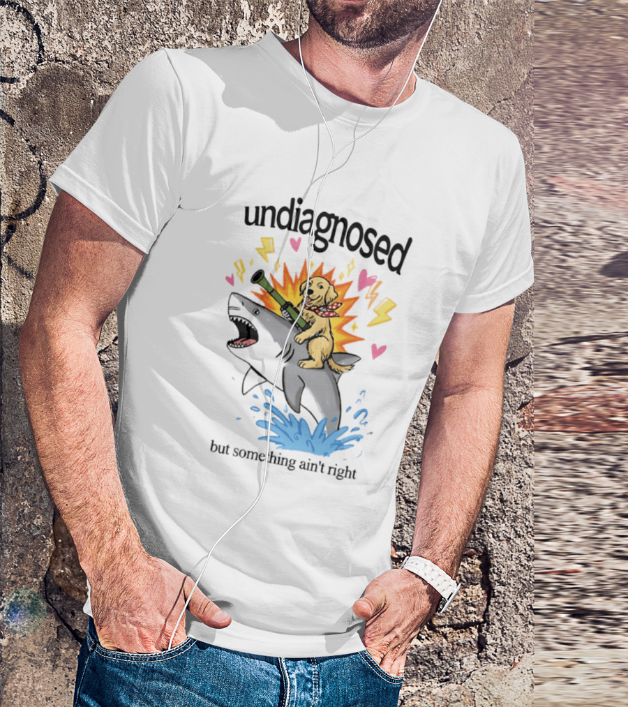 Undiagnosed But Something Ain't Right Golden Retriever Riding Shark Bazooka Hearts Lightning T-Shirt