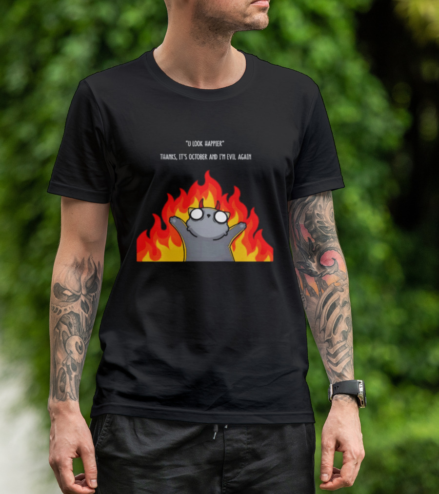 U Look Happier Thanks It Is October And I Am Evil Again Cat In Flames T-Shirt