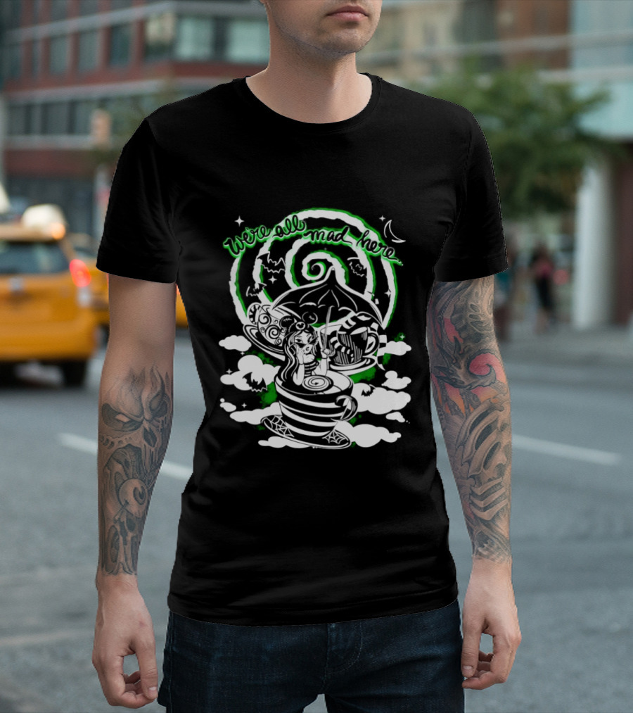 We Are All Mad Here Gothic Wonderland Tea Party Alice Moon Spiral T-Shirt