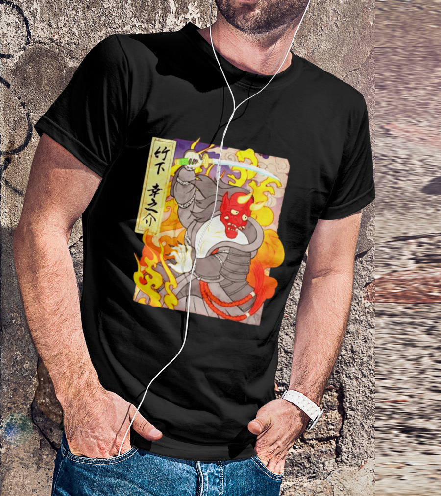 Konosuke Takeshita Demon Samurai AEW Collaboration With Japanese Inspired Flames And Sword T-Shirt
