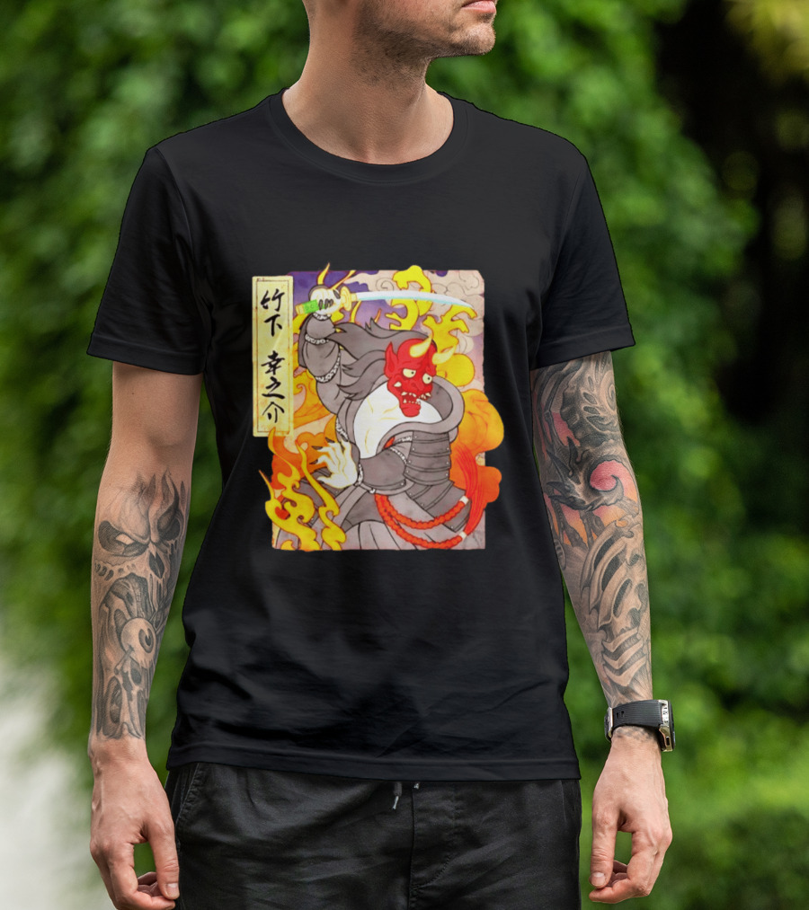 Konosuke Takeshita Demon Samurai AEW Collaboration With Japanese Inspired Flames And Sword T-Shirt