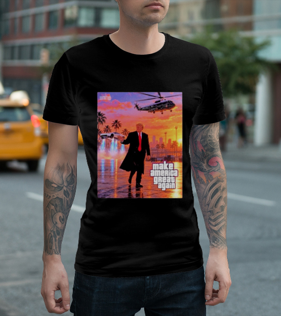Make America Great Again Flying Cars Helicopter Sunset T-Shirt