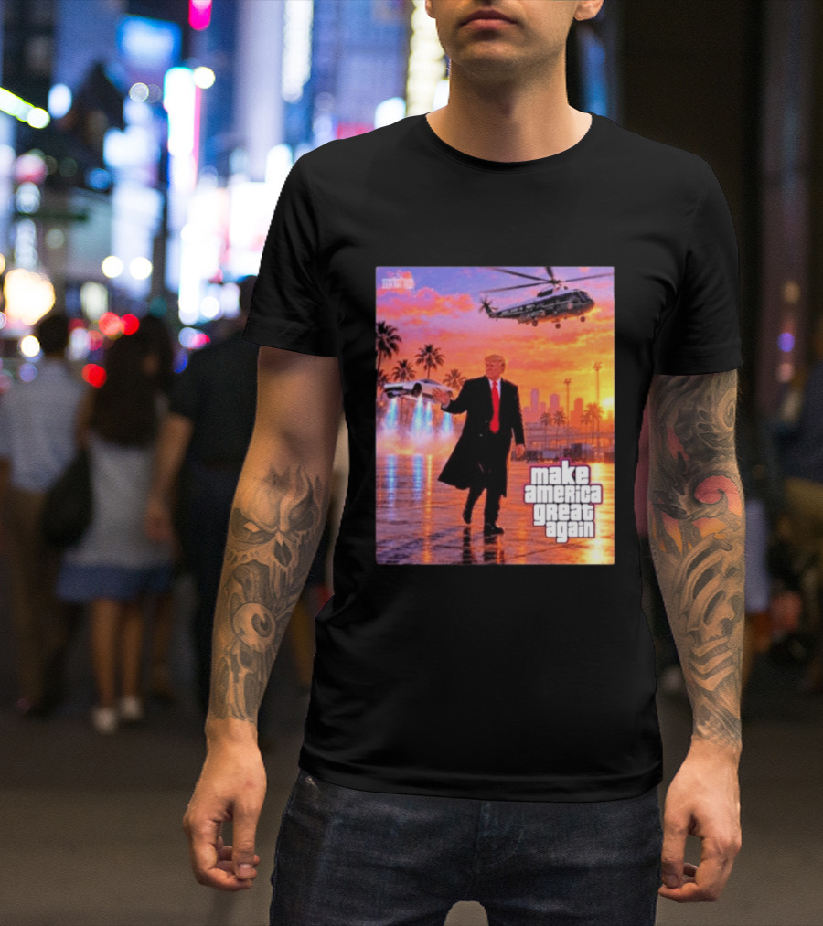 Make America Great Again Flying Cars Helicopter Sunset T-Shirt