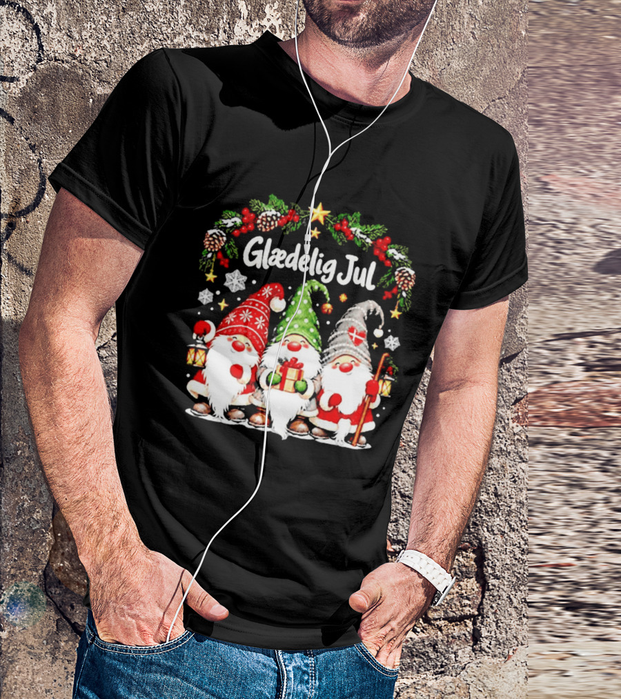 Glaedelig Jul Christmas Gnomes With Denmark Flag And Lanterns T-Shirt