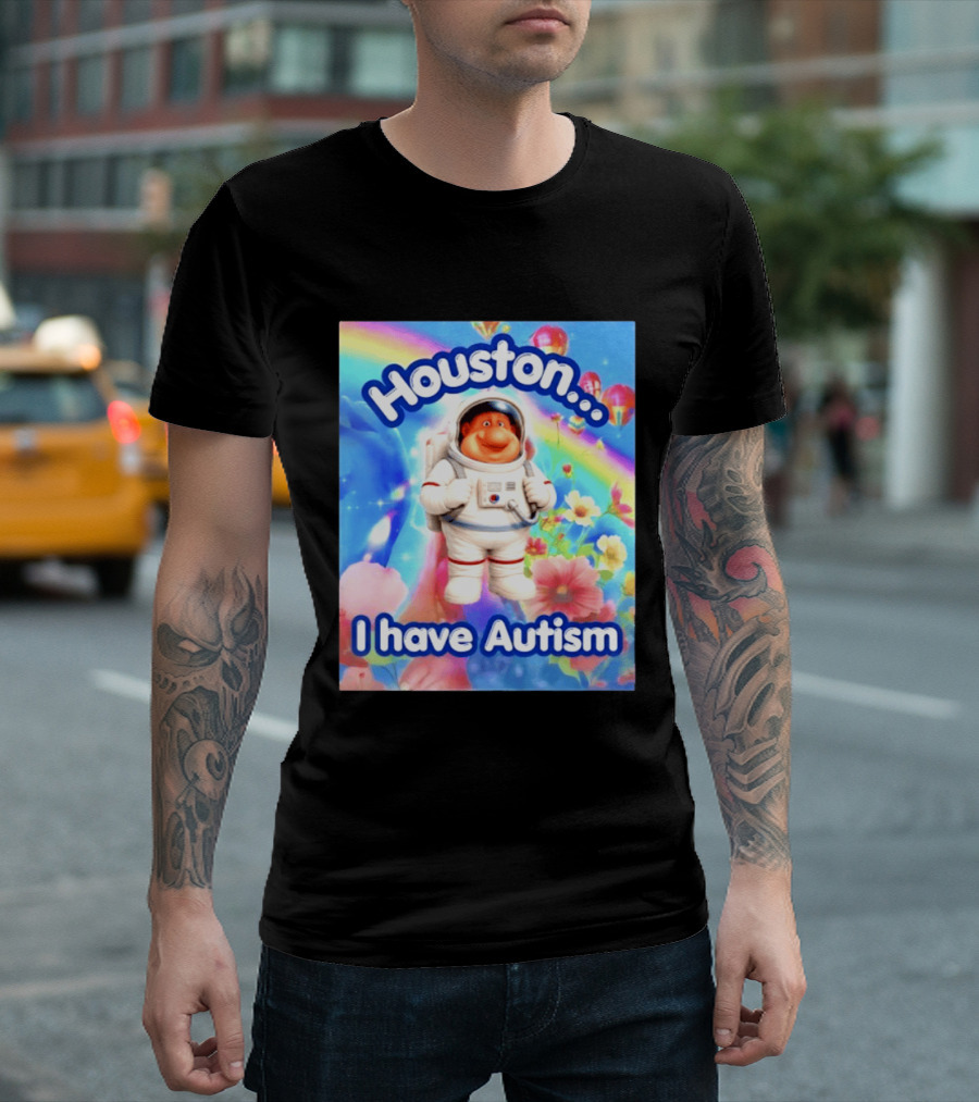 Houston I Have Autism Rainbow Astronaut Balloons And Flowers T-Shirt