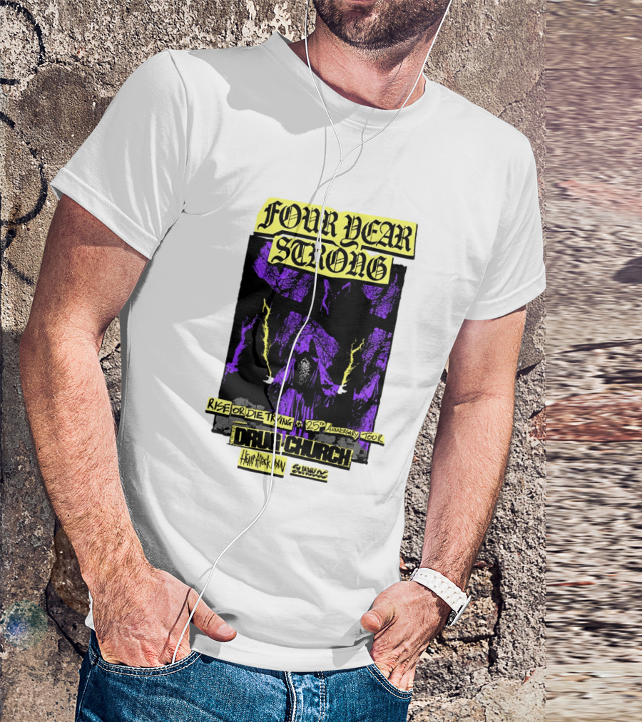 Four Year Strong Rise Or Die Trying 25th Anniversary Tour Drug Church Heart Attack Man Save Face Purple Cloaked Figure T-Shirt
