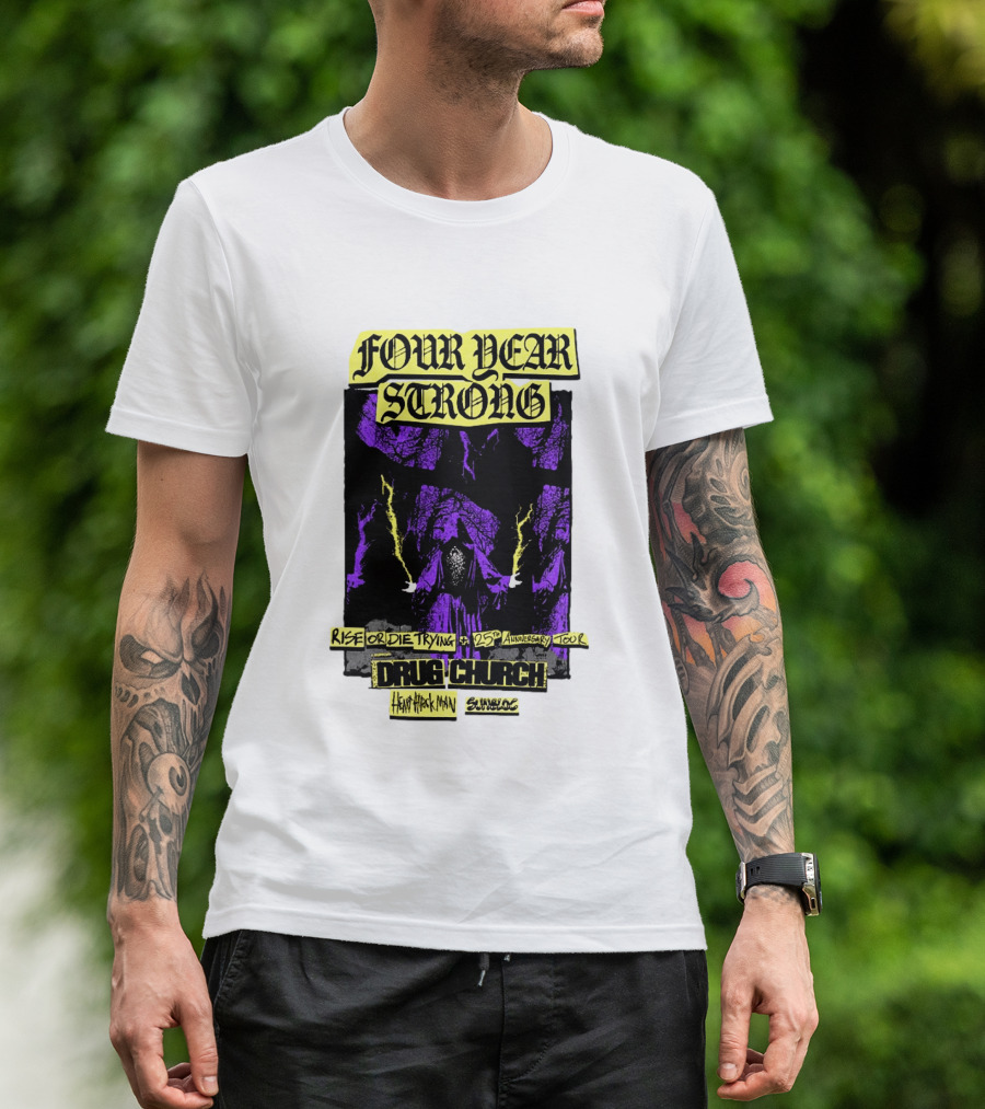 Four Year Strong Rise Or Die Trying 25th Anniversary Tour Drug Church Heart Attack Man Save Face Purple Cloaked Figure T-Shirt
