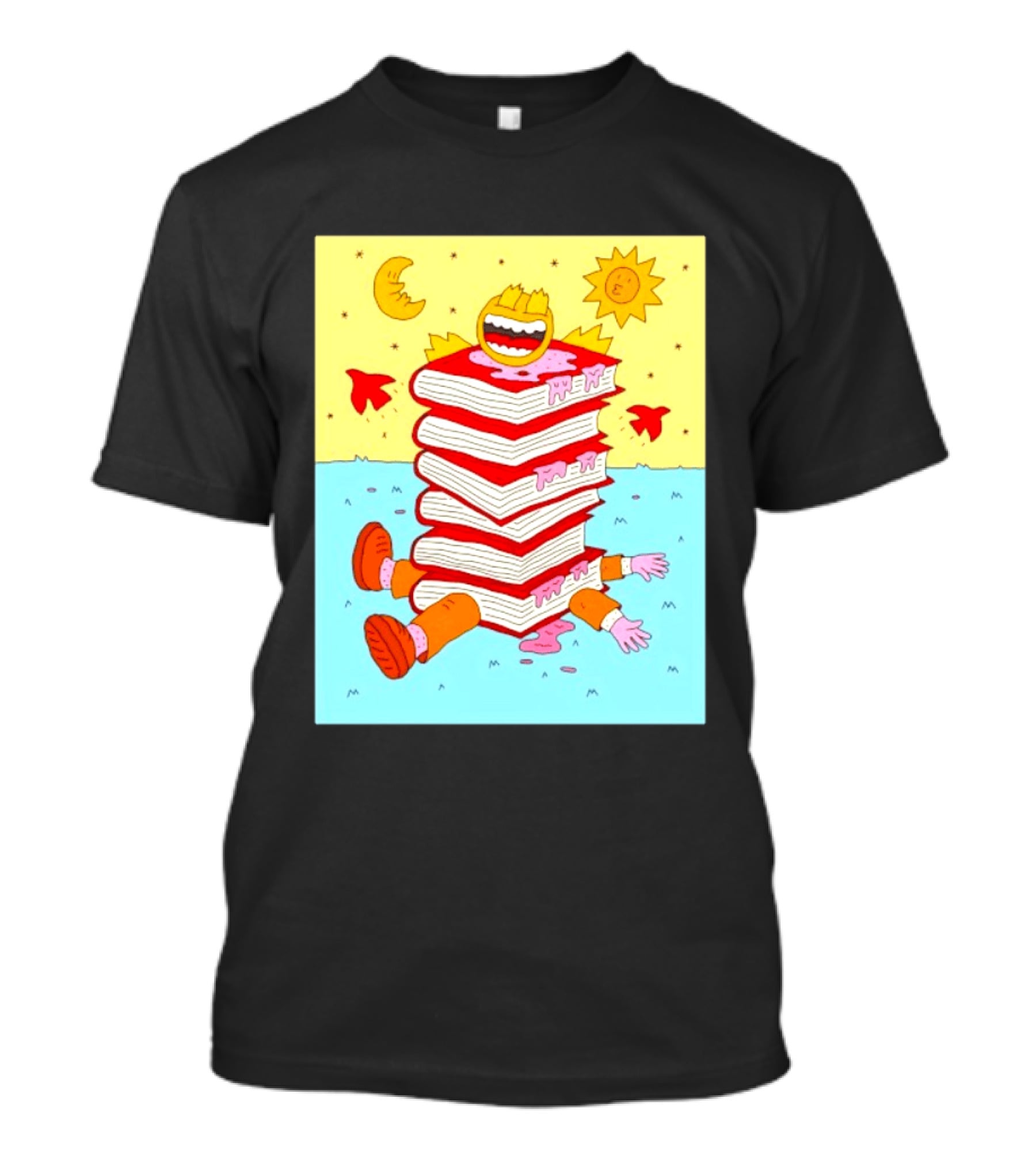 Smiling Face Moon Sun Birds Stack Of Books Reading T-Shirt