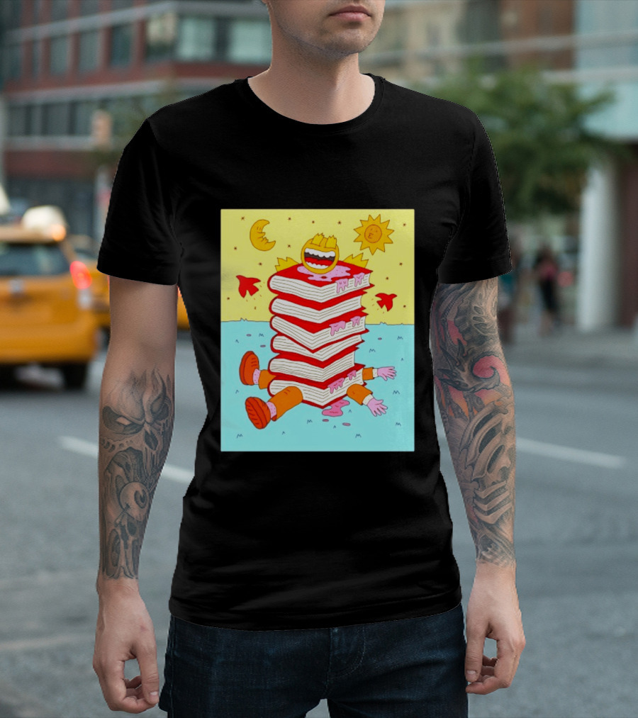 Smiling Face Moon Sun Birds Stack Of Books Reading T-Shirt