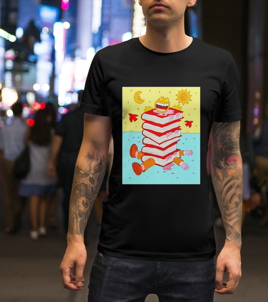 Smiling Face Moon Sun Birds Stack Of Books Reading T-Shirt