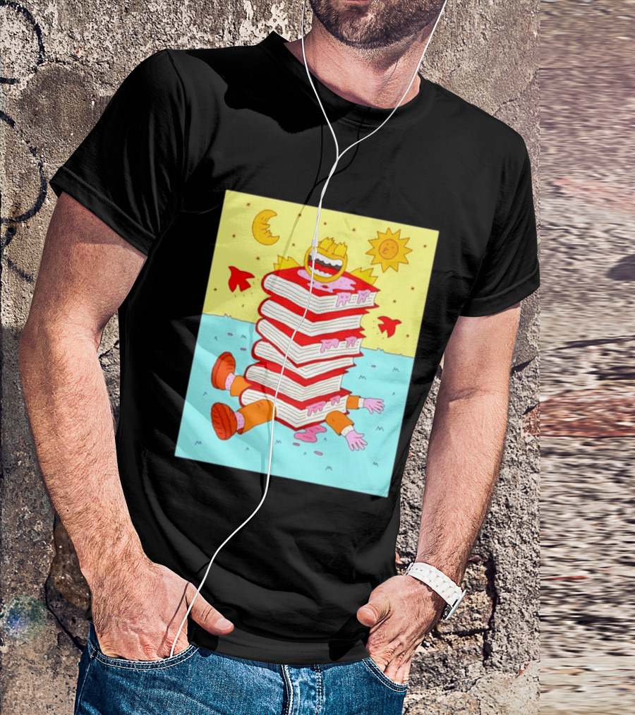 Smiling Face Moon Sun Birds Stack Of Books Reading T-Shirt