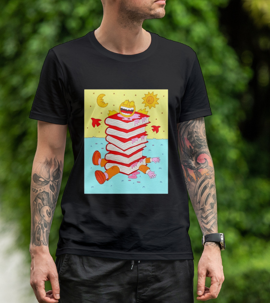Smiling Face Moon Sun Birds Stack Of Books Reading T-Shirt
