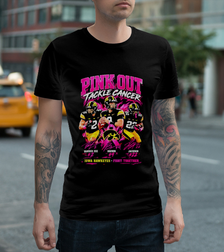 Iowa Hawkeyes Pink Out Tackle Cancer Fight Together Signatures 22 84 10 T-Shirt