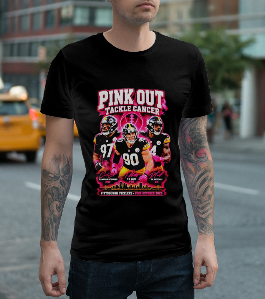 Pittsburgh Steelers Pink Out Tackle Cancer October 2026 Player Signatures Heyward Watt Fitzpatrick T-Shirt