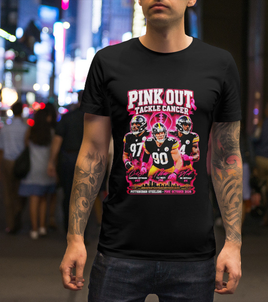 Pittsburgh Steelers Pink Out Tackle Cancer October 2026 Player Signatures Heyward Watt Fitzpatrick T-Shirt