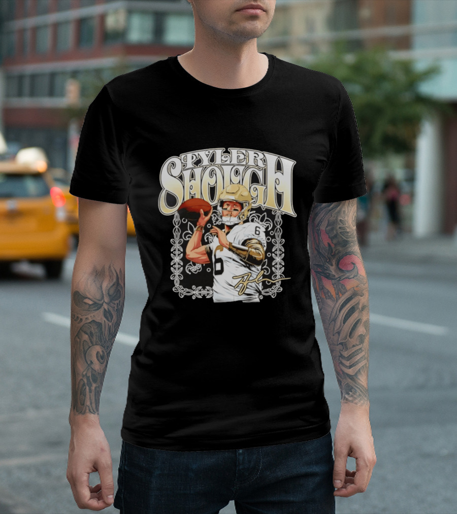 Tyler Shough New Orleans Saints Groovy Football Art With Player Signature T-Shirt