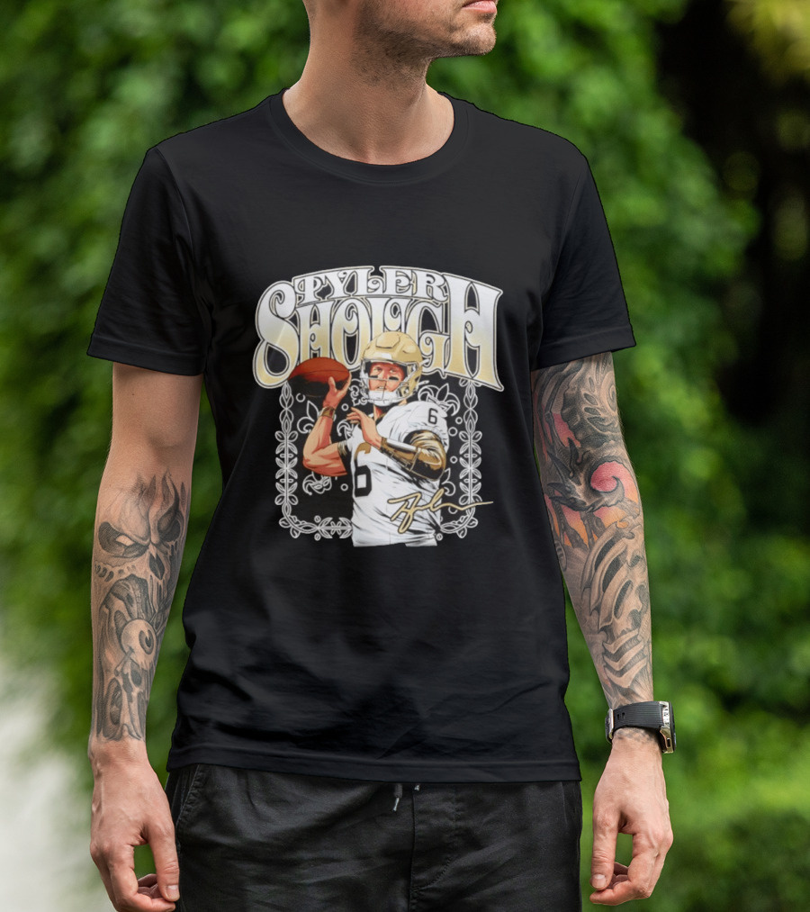 Tyler Shough New Orleans Saints Groovy Football Art With Player Signature T-Shirt