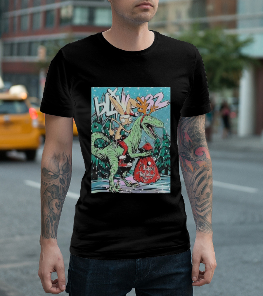 Blink 182 Merry Xmas Rabbit Riding Velociraptor Happy Holidays T-Shirt