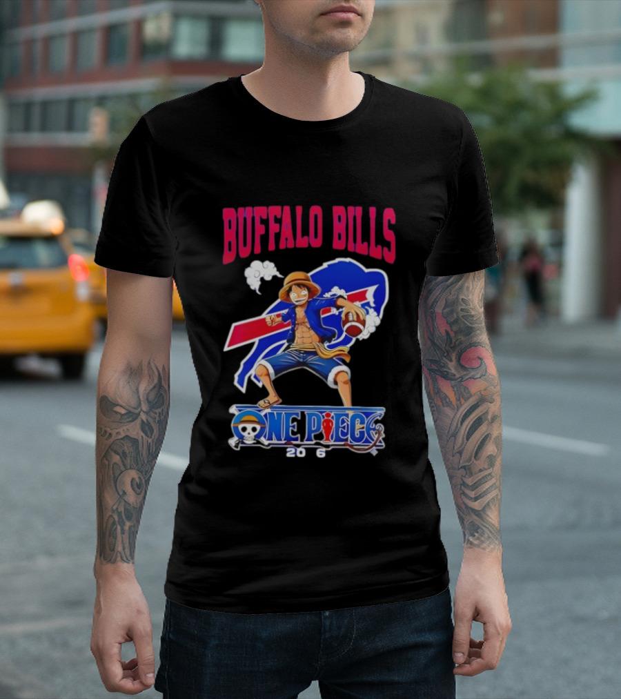 Buffalo Bills One Piece Crossover 2026 Featuring Luffy Football T-Shirt
