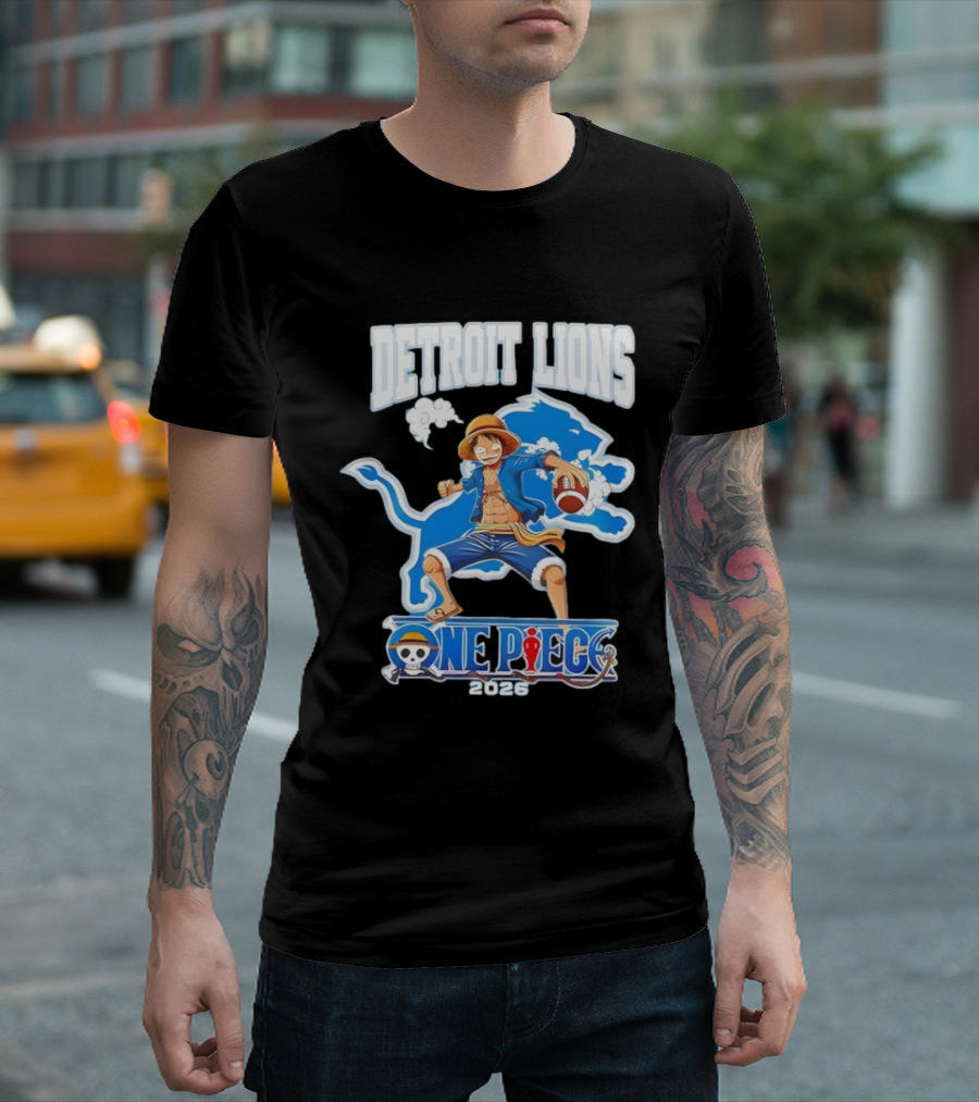 Detroit Lions One Piece Collaboration 2026 Luffy Crossover Football T-Shirt