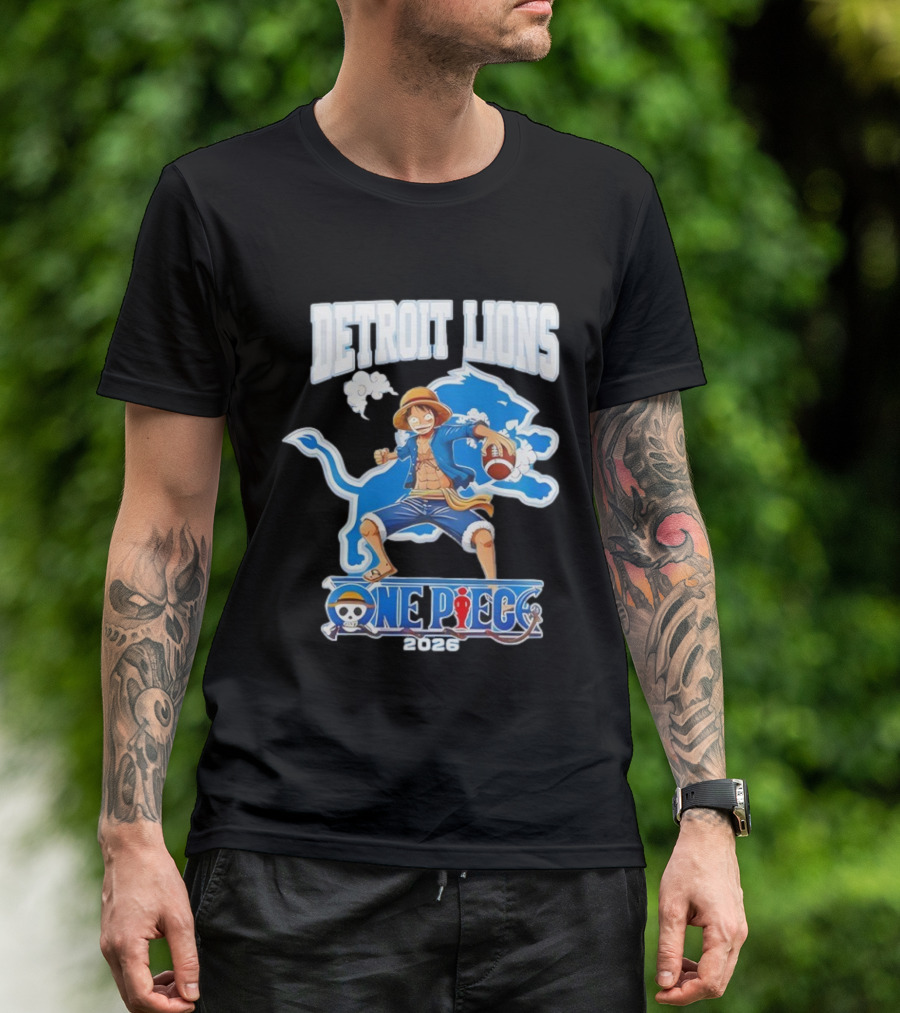 Detroit Lions One Piece Collaboration 2026 Luffy Crossover Football T-Shirt