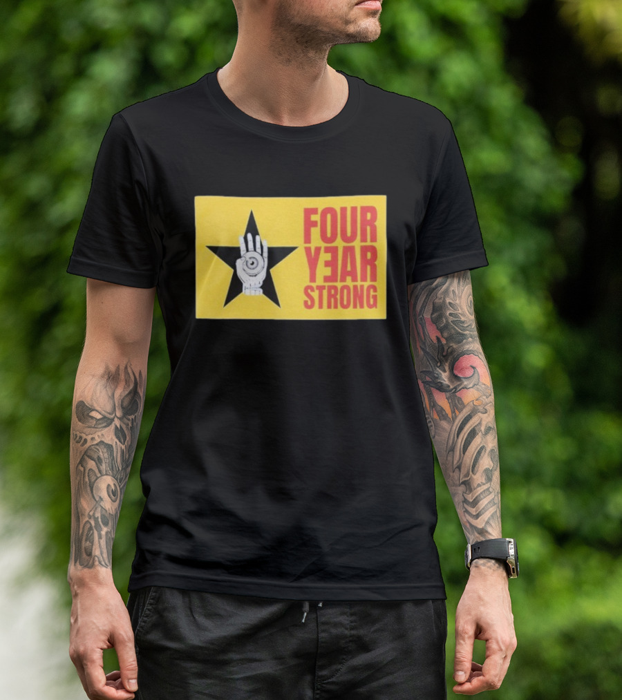 Four Year Strong Star With Hand Eye Symbol On Yellow Background T-Shirt