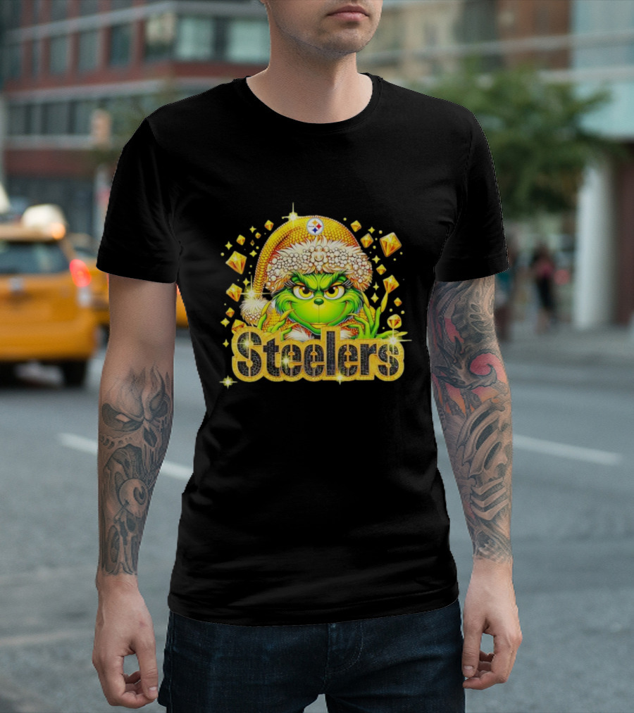 Pittsburgh Steelers Grinch Christmas Bling Santa Hat Holiday Merchandise T-Shirt