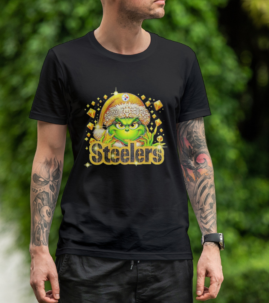 Pittsburgh Steelers Grinch Christmas Bling Santa Hat Holiday Merchandise T-Shirt
