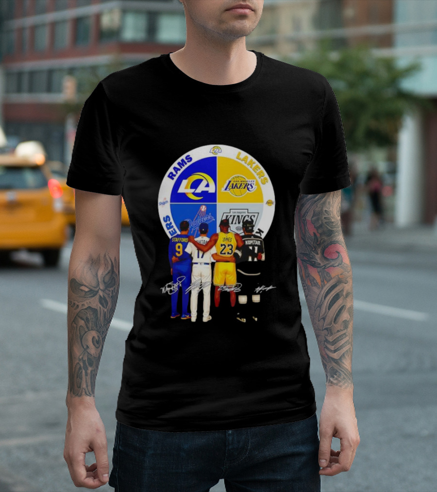 Los Angeles Rams Lakers Dodgers Kings Major Players Stafford Kershaw James Kopitar Signatures T-Shirt