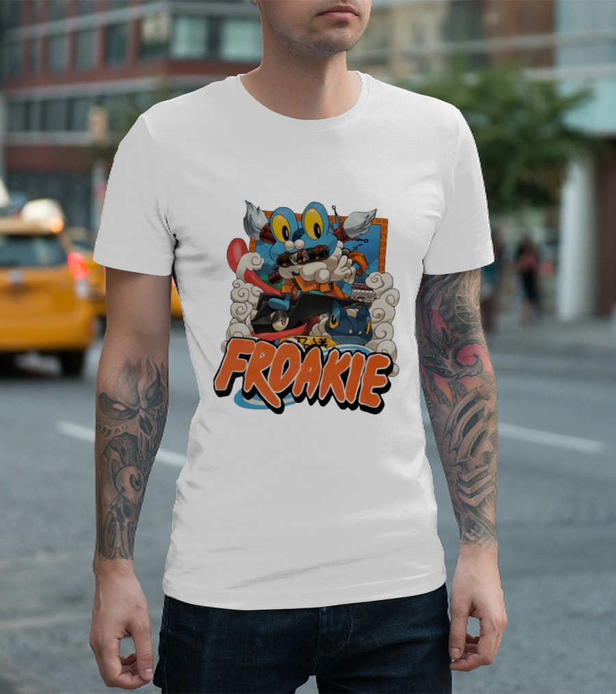 Froakie Ninja Adventure With Playful Clouds And Energetic Vibes T-Shirt