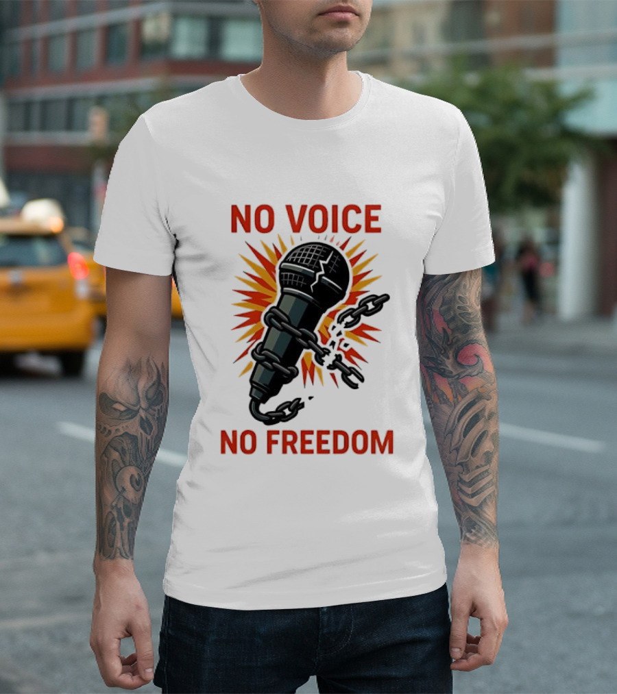 No Voice No Freedom Microphone And Chain Graphic T-Shirt