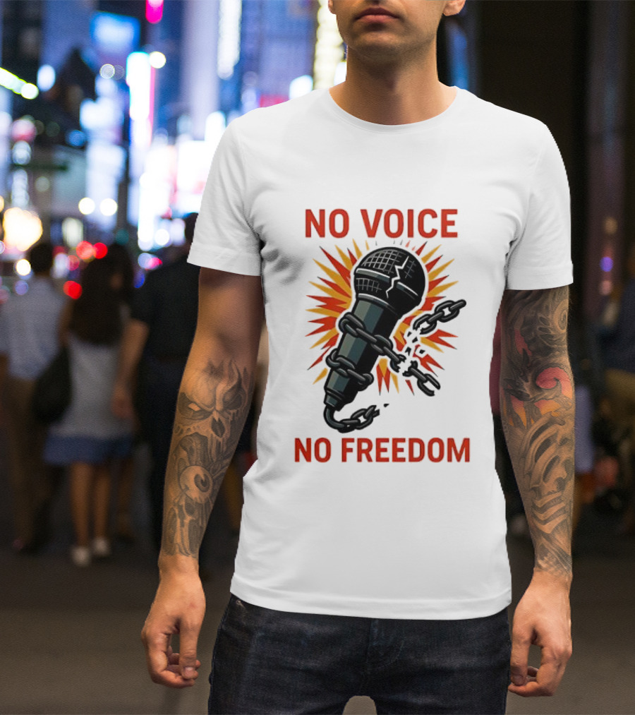 No Voice No Freedom Microphone And Chain Graphic T-Shirt