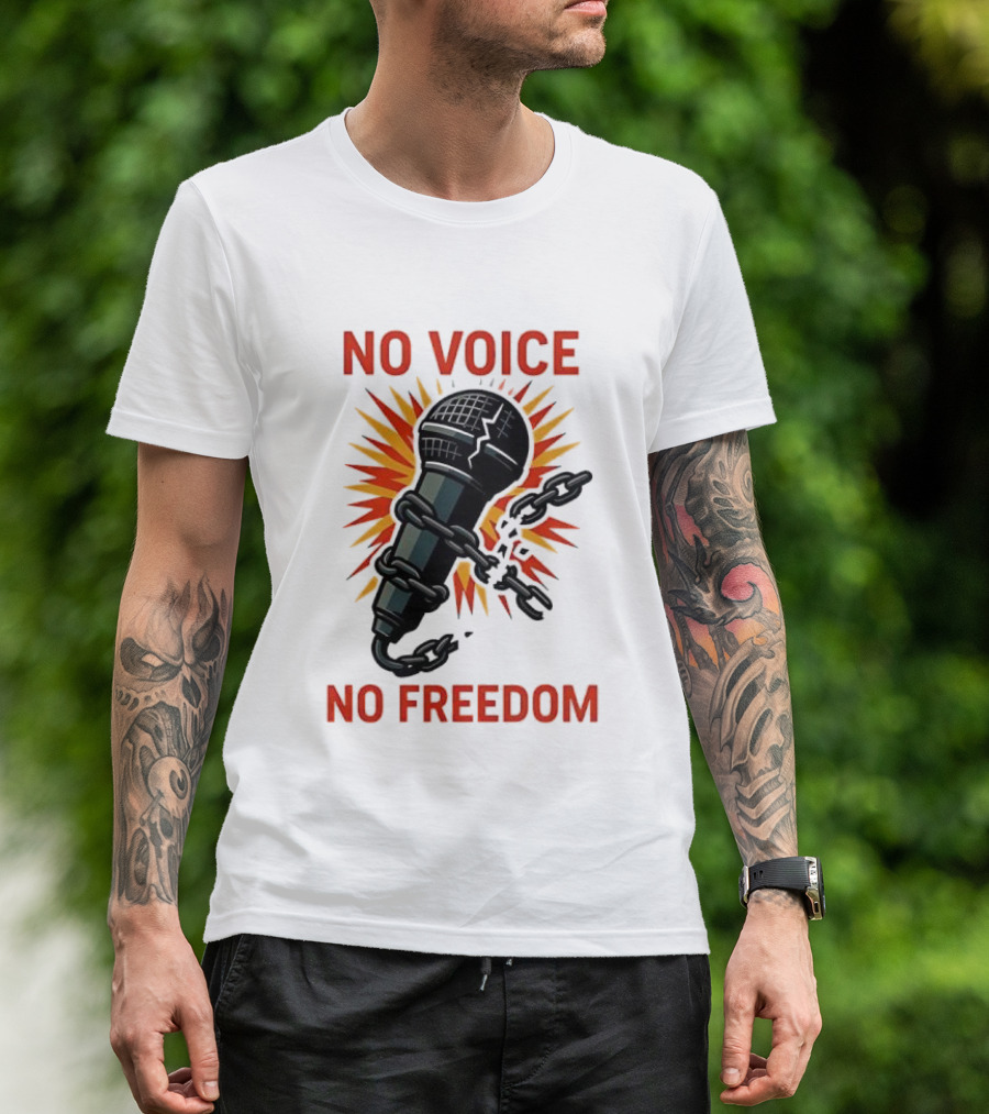 No Voice No Freedom Microphone And Chain Graphic T-Shirt