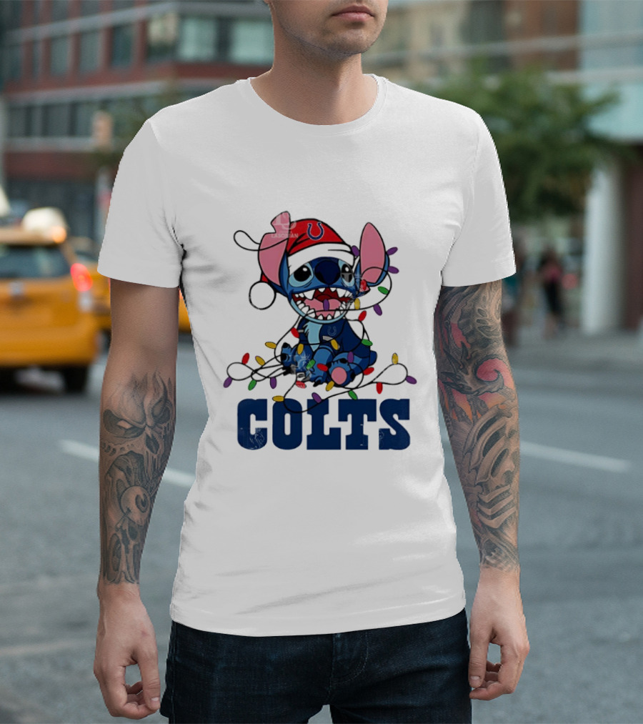 Indianapolis Colts Stitch Christmas Lights NFL Fan Art T-Shirt