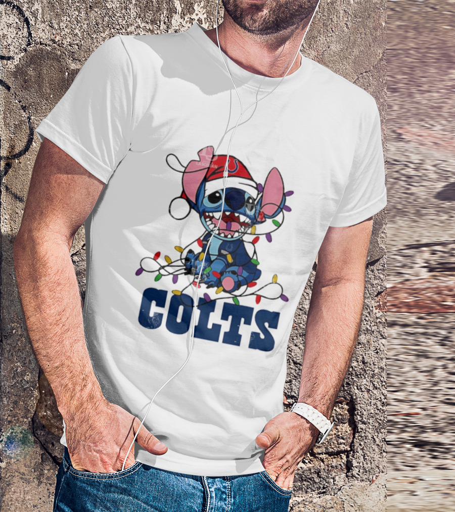 Indianapolis Colts Stitch Christmas Lights NFL Fan Art T-Shirt