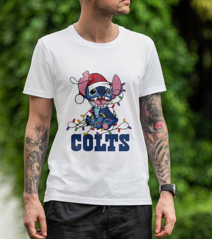 Indianapolis Colts Stitch Christmas Lights NFL Fan Art T-Shirt
