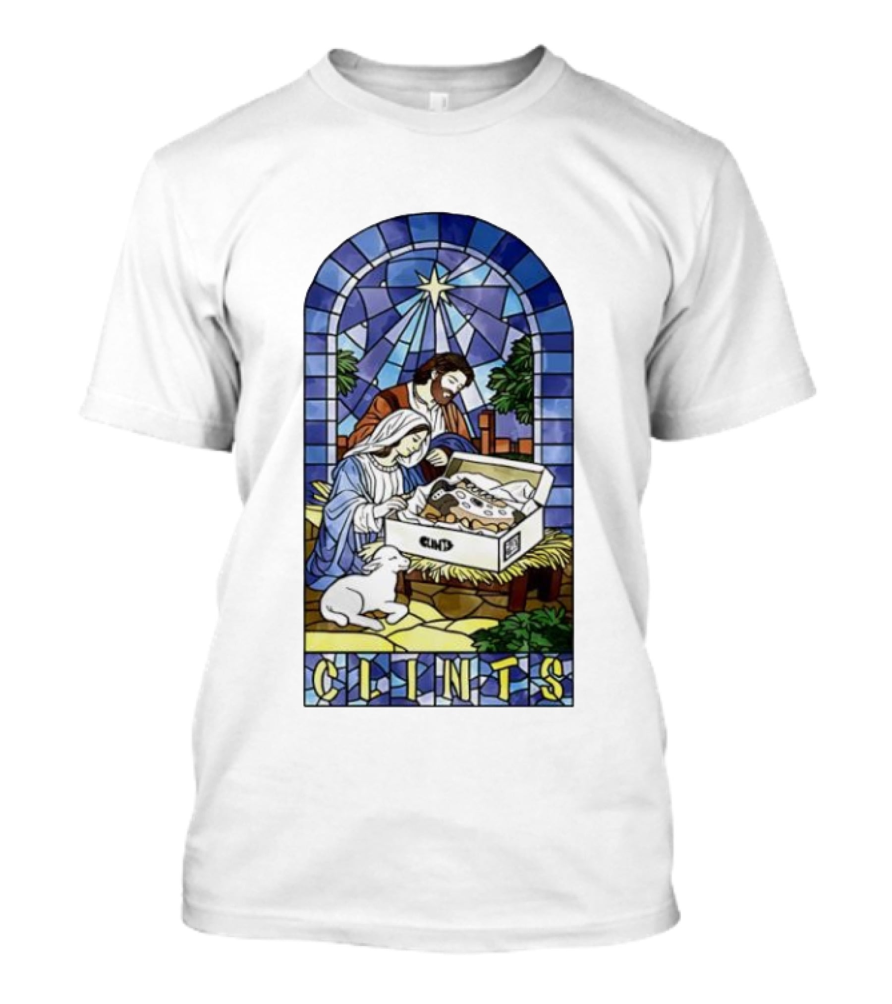 Nativity Stained Glass Clints Jesus Scene With Sneakers T-Shirt