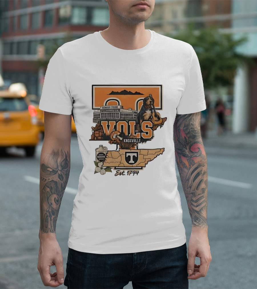 University Of Tennessee Volunteers Knoxville Vols Neyland Stadium Smokey Mascot Est 1794 Map Outline T-Shirt
