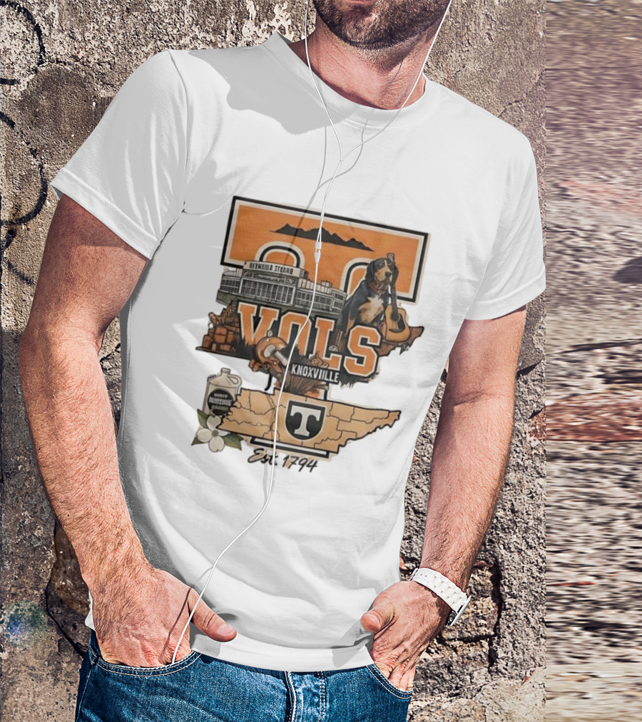 University Of Tennessee Volunteers Knoxville Vols Neyland Stadium Smokey Mascot Est 1794 Map Outline T-Shirt