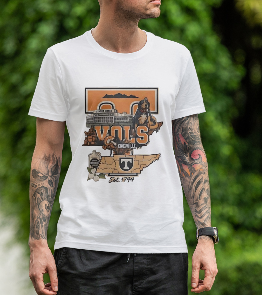 University Of Tennessee Volunteers Knoxville Vols Neyland Stadium Smokey Mascot Est 1794 Map Outline T-Shirt